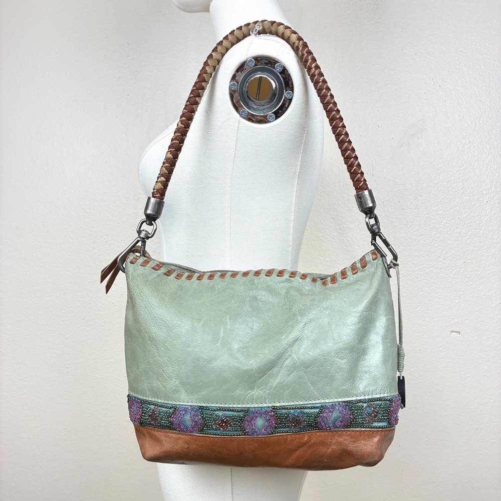 Vintage Y2K 90s The Sak Indio Genuine Leather Hobo Bag Fairy Beaded Boho Artsy